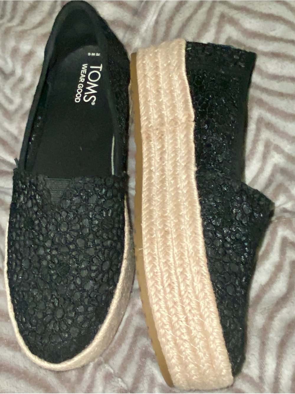TOMS Black Lace Espadrille Platform Slip-Ons with Natural Jute Midsole 1.5 inche